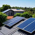 **Solar Panels on a Rooftop:** A modern home with solar panels installed on the roof. The sky is clear and blue. Show lush greenery around the house to emphasize the eco-friendly aspect. The overall feeling should be bright, clean, and hopeful, showcasing the benefits of renewable energy.
