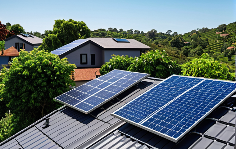 **Solar Panels on a Rooftop:** A modern home with solar panels installed on the roof. The sky is clear and blue. Show lush greenery around the house to emphasize the eco-friendly aspect. The overall feeling should be bright, clean, and hopeful, showcasing the benefits of renewable energy.