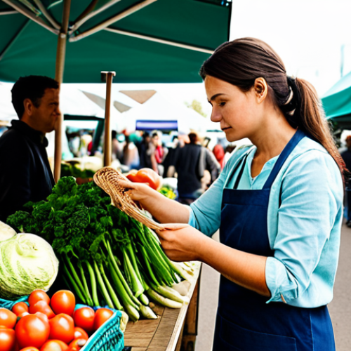 Home 25 A professional woman in a modest, contemporary casual dress, fully clothed, holding a reusable woven market bag. She is thoughtfully examining fresh, vibrant, seasonal vegetables at a bustling outdoor farmers' market. The scene is bright with natural daylight, featuring diverse, ethically sourced produce stalls in the background. The atmosphere is warm and community-focused. safe for work, appropriate content, fully clothed, professional, perfect anatomy, correct proportions, natural pose, well-formed hands, proper finger count, natural body proportions, high-quality photograph, realistic, sharp focus.