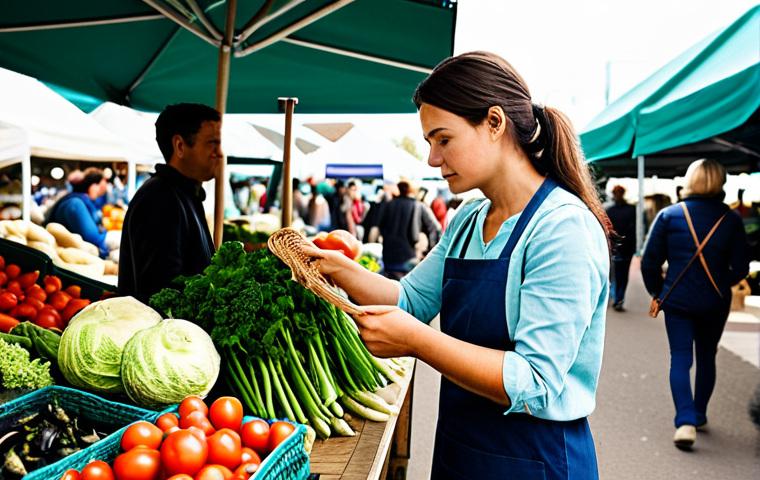A professional woman in a modest, contemporary casual dress, fully clothed, holding a reusable woven market bag. She is thoughtfully examining fresh, vibrant, seasonal vegetables at a bustling outdoor farmers' market. The scene is bright with natural daylight, featuring diverse, ethically sourced produce stalls in the background. The atmosphere is warm and community-focused. safe for work, appropriate content, fully clothed, professional, perfect anatomy, correct proportions, natural pose, well-formed hands, proper finger count, natural body proportions, high-quality photograph, realistic, sharp focus.