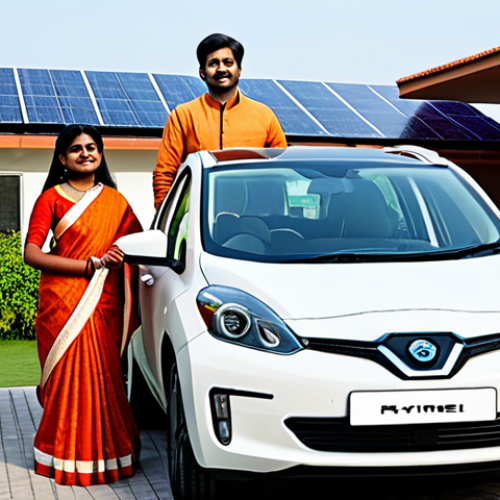 Home 24 **
A family-friendly scene depicting a modern Indian family standing proudly next to their new electric car in a suburban neighborhood. The car is sleek and futuristic. The family is fully clothed in traditional yet stylish Indian attire. In the background, solar panels can be seen on rooftops. "Safe for work," "appropriate content," "fully clothed," "professional," "modest," "perfect anatomy," "correct proportions," "natural pose," "well-formed hands," "proper finger count," "natural body proportions," "high quality."
**