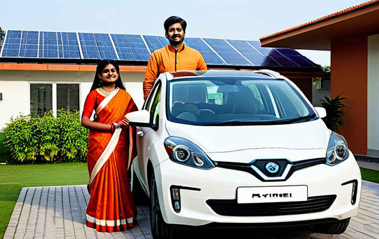 **

A family-friendly scene depicting a modern Indian family standing proudly next to their new electric car in a suburban neighborhood. The car is sleek and futuristic. The family is fully clothed in traditional yet stylish Indian attire. In the background, solar panels can be seen on rooftops. "Safe for work," "appropriate content," "fully clothed," "professional," "modest," "perfect anatomy," "correct proportions," "natural pose," "well-formed hands," "proper finger count," "natural body proportions," "high quality."

**