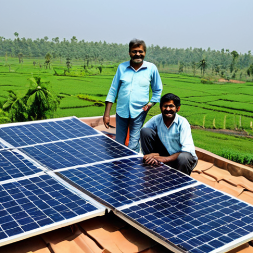 Home 23 Solar Panels on a Rooftop**
"A modern home in a rural Indian village, with solar panels installed on the roof, fully clothed family members smiling in the yard, lush green background, daytime, clear sky, renewable energy concept, safe for work, appropriate content, fully clothed, professional, perfect anatomy, correct proportions, natural pose, high quality, bright lighting."
**