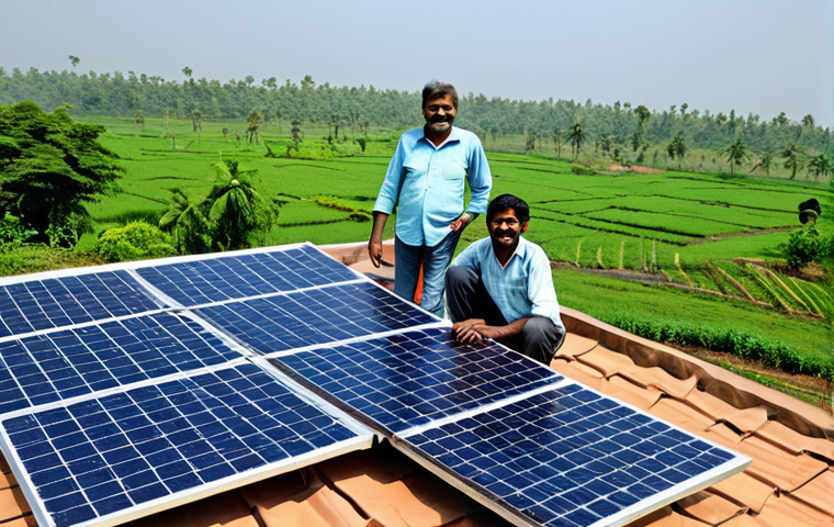 Solar Panels on a Rooftop**

"A modern home in a rural Indian village, with solar panels installed on the roof, fully clothed family members smiling in the yard, lush green background, daytime, clear sky, renewable energy concept, safe for work, appropriate content, fully clothed, professional, perfect anatomy, correct proportions, natural pose, high quality, bright lighting."

**