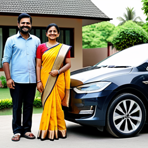 Home 22 **
"A modern Indian family standing proudly next to their new electric car, parked in front of their modest home. The mother is wearing a traditional sari, and the father is in casual attire. The children are smiling. Background shows a clean, green neighborhood. Focus on the family's happiness and the car's sleek design. Fully clothed, appropriate attire, safe for work, perfect anatomy, natural proportions, professional, family-friendly, high quality."
**