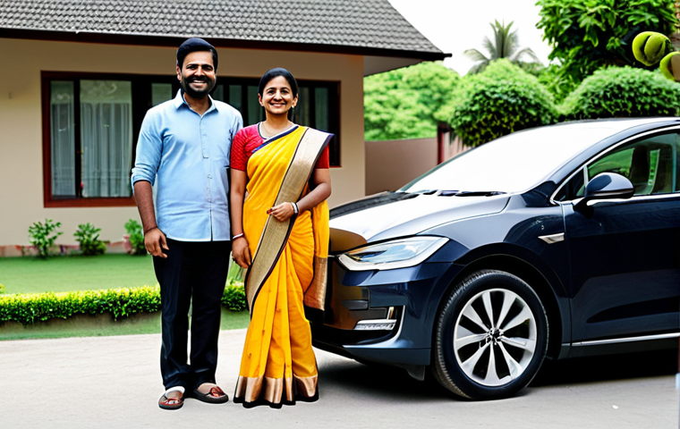 **

"A modern Indian family standing proudly next to their new electric car, parked in front of their modest home. The mother is wearing a traditional sari, and the father is in casual attire. The children are smiling. Background shows a clean, green neighborhood. Focus on the family's happiness and the car's sleek design. Fully clothed, appropriate attire, safe for work, perfect anatomy, natural proportions, professional, family-friendly, high quality."

**