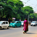 **

A bustling Indian city street, with modern electric vehicles and modest buses, surrounded by lush green trees.  A woman in a professional salwar kameez walks past a building with solar panels.  "Swachh Bharat" (Clean India) posters are visible.  Safe for work, appropriate content, fully clothed, professional, family-friendly, perfect anatomy, correct proportions, natural pose, high quality.

**
