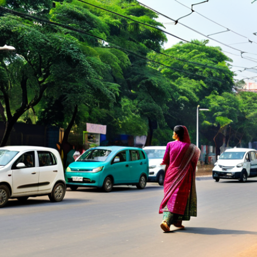 Home 9 **
A bustling Indian city street, with modern electric vehicles and modest buses, surrounded by lush green trees. A woman in a professional salwar kameez walks past a building with solar panels. "Swachh Bharat" (Clean India) posters are visible. Safe for work, appropriate content, fully clothed, professional, family-friendly, perfect anatomy, correct proportions, natural pose, high quality.
**