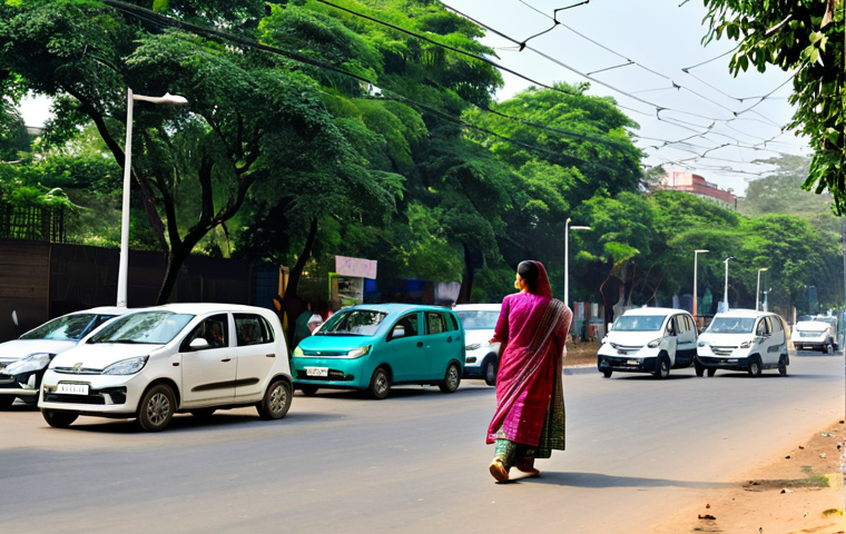 **

A bustling Indian city street, with modern electric vehicles and modest buses, surrounded by lush green trees.  A woman in a professional salwar kameez walks past a building with solar panels.  "Swachh Bharat" (Clean India) posters are visible.  Safe for work, appropriate content, fully clothed, professional, family-friendly, perfect anatomy, correct proportions, natural pose, high quality.

**