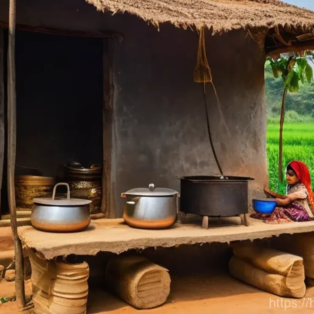 바이오 에너지의 미래 - **Prompt:** A heartwarming scene in a vibrant Indian village, showcasing a small, functional biogas ...