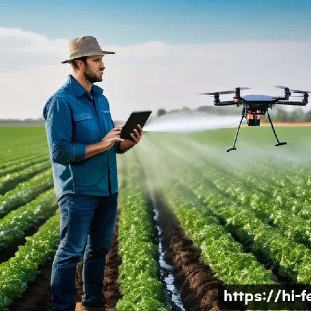 인공지능을 활용한 환경 예측 - **Prompt:** A wide shot of a lush, vibrant green agricultural field under a clear blue sky. In the f...