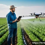 인공지능을 활용한 환경 예측 - **Prompt:** A wide shot of a lush, vibrant green agricultural field under a clear blue sky. In the f...