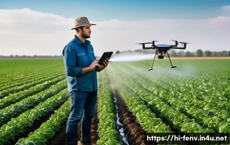 인공지능을 활용한 환경 예측 - **Prompt:** A wide shot of a lush, vibrant green agricultural field under a clear blue sky. In the f...