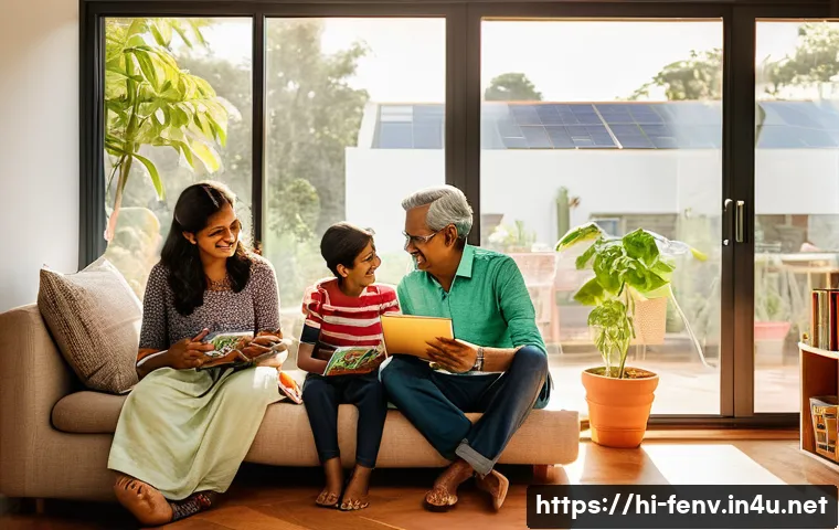 제로 에너지 빌딩 - **Prompt:** A vibrant, joyful Indian family (parents and two children, aged around 8 and 12) happily...