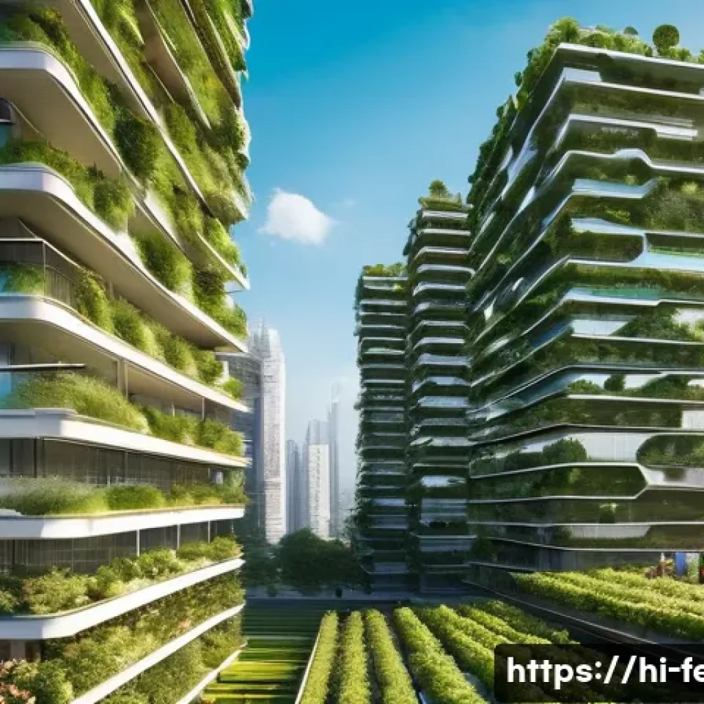 지속 가능한 도시 개발 - **Prompt:** A vibrant, futuristic cityscape seamlessly integrated with nature. Buildings feature ext...