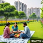 저탄소 경제 시스템 - **A picturesque scene showcasing sustainable urban living in India.** In the foreground, a modern, m...