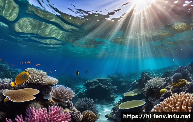 기후 변화와 해양 생태계 - **"Silent Crisis of the Reefs"**: A dramatic underwater scene showcasing the stark contrast between ...