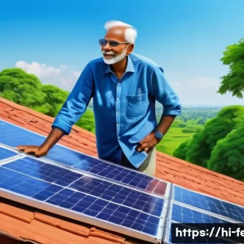 Home 32 지속 가능한 에너지 솔루션 - A vibrant rooftop solar panel installation on a traditional Indian home, surrounded by lush greenery...