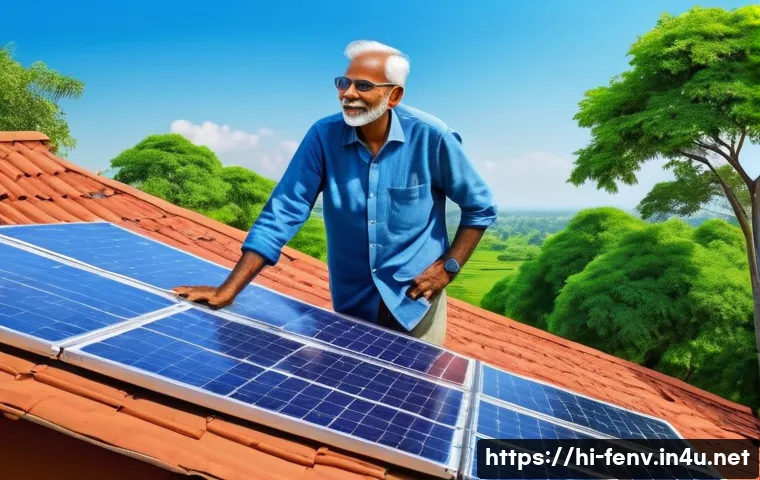 지속 가능한 에너지 솔루션 - A vibrant rooftop solar panel installation on a traditional Indian home, surrounded by lush greenery...