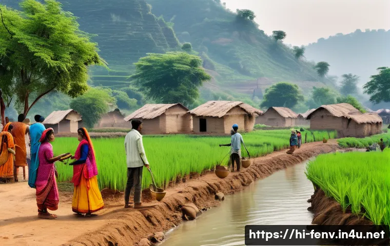 기후 변화와 인간 사회 - A vibrant Indian village scene depicting community members actively engaged in a large-scale tree pl...