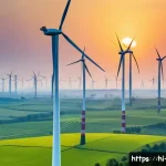 Home 18 풍력 발전의 미래 - A modern wind farm at sunrise in a rural Indian landscape, featuring advanced lightweight and flexib...