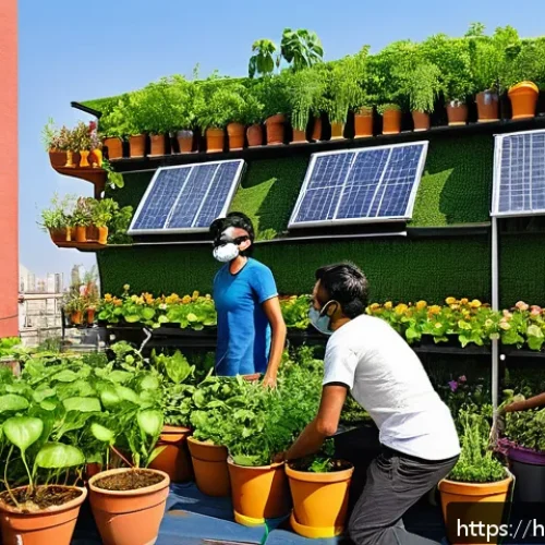 Home 17 대기 오염 감소 기술 - A vibrant urban rooftop garden scene in an Indian city with diverse green plants and flowers growing...