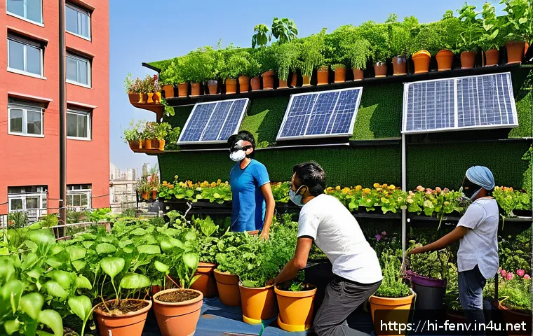 대기 오염 감소 기술 - A vibrant urban rooftop garden scene in an Indian city with diverse green plants and flowers growing...
