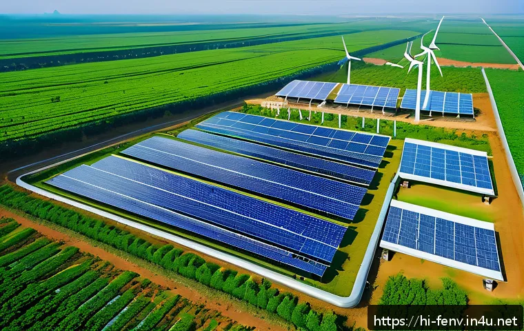 탄소 포집 기술 - A futuristic renewable energy plant set in a lush green landscape of India, featuring advanced carbo...