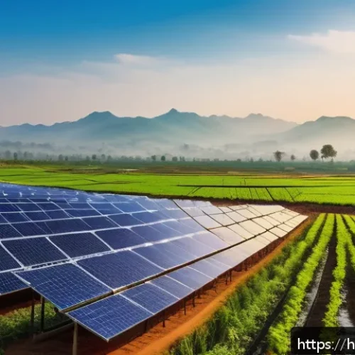 Home 17 탄소 중립 목표 - A vibrant Indian solar energy farm scene during sunrise, showing rows of solar panels glistening wit...