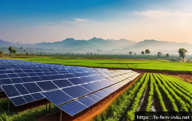 탄소 중립 목표 - A vibrant Indian solar energy farm scene during sunrise, showing rows of solar panels glistening wit...