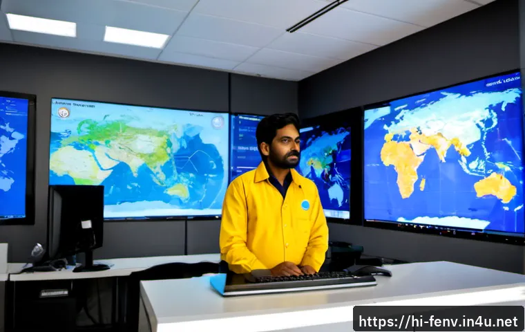 Home 17 인공지능을 이용한 재난 예측 - Photorealistic Indian disaster management analyst in a modern monitoring center, studying a large ma...