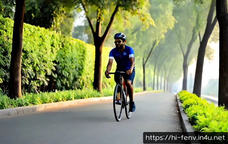 스마트 웨어러블 디바이스와 환경 - Photorealistic Indian urban professional wearing a sleek smartwatch while cycling on a tree-lined ci...